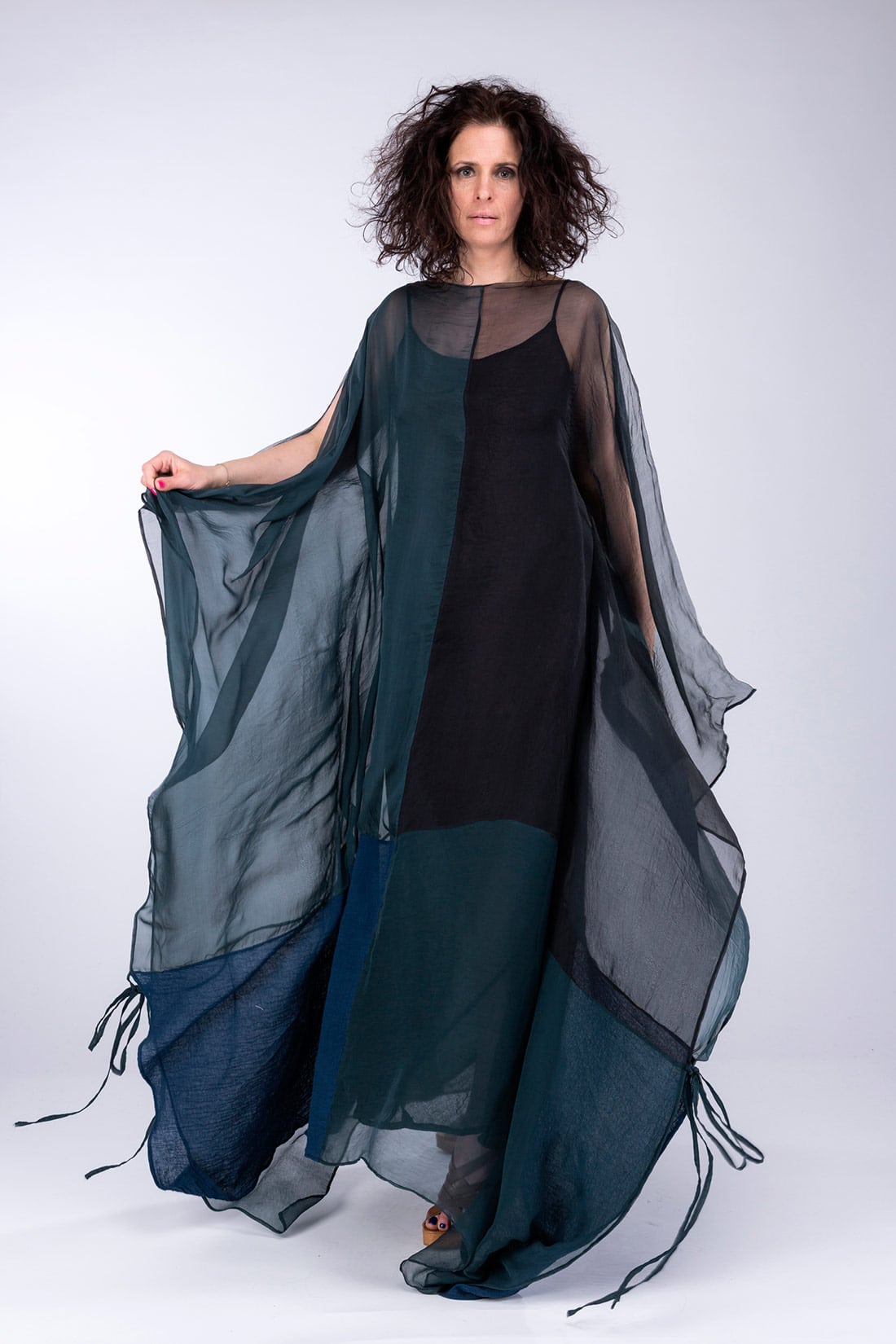 Peacock blue silk and organic cotton djellaba dress MONSUN – Image 2