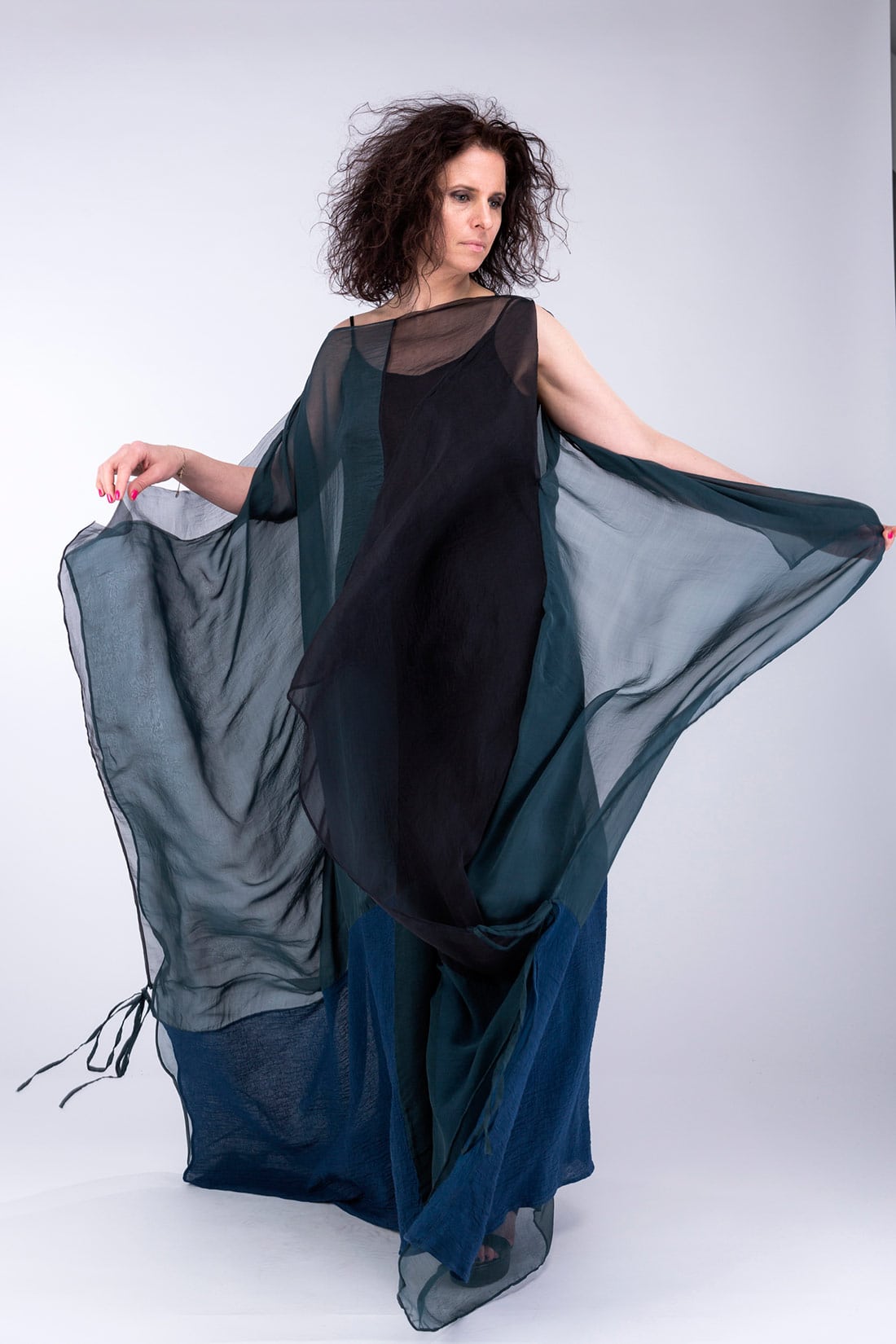 Peacock blue silk and organic cotton djellaba dress MONSUN