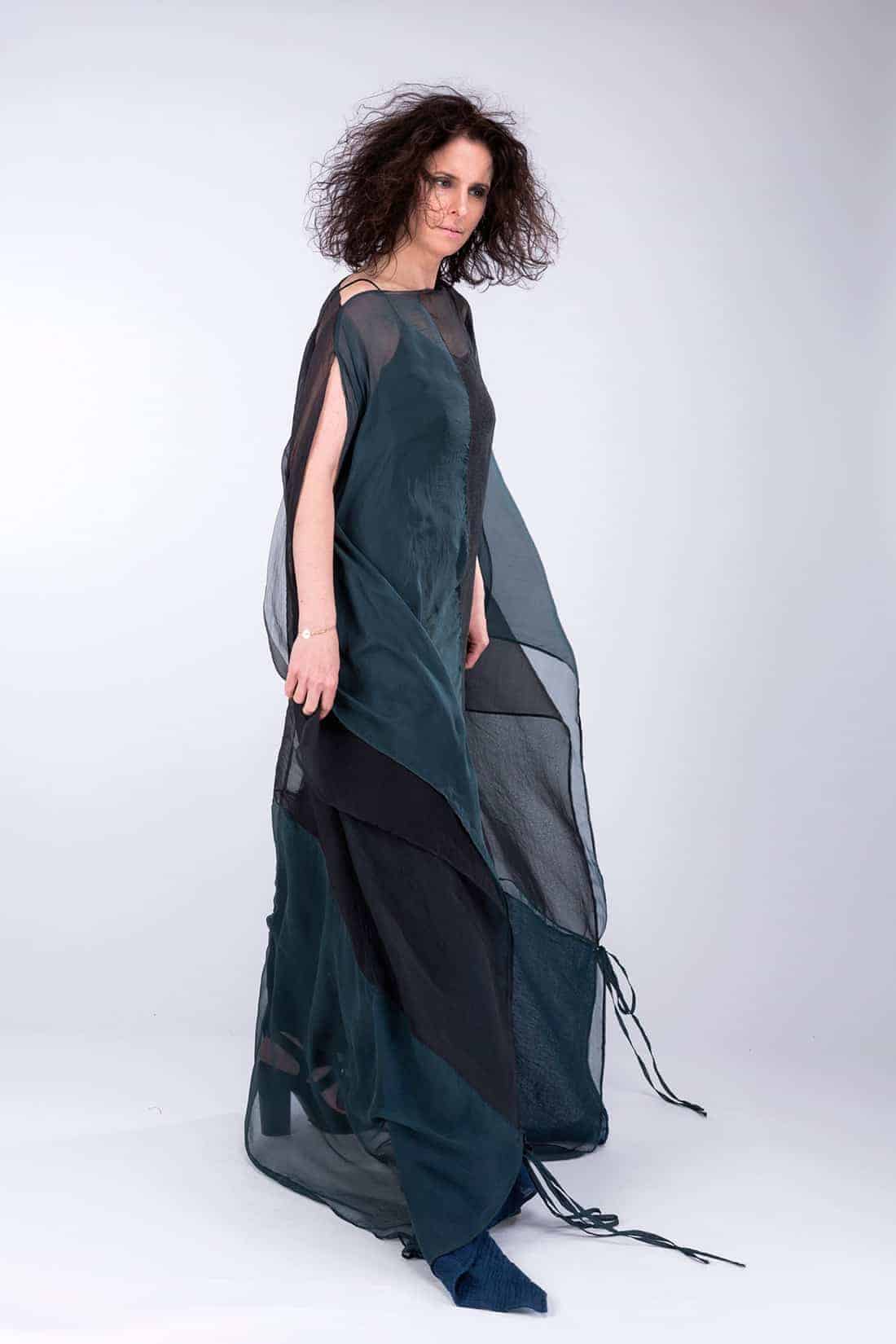Peacock blue silk and organic cotton djellaba dress MONSUN – Image 5