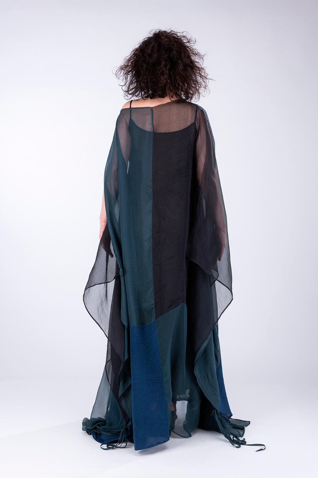 Peacock blue silk and organic cotton djellaba dress MONSUN – Image 6