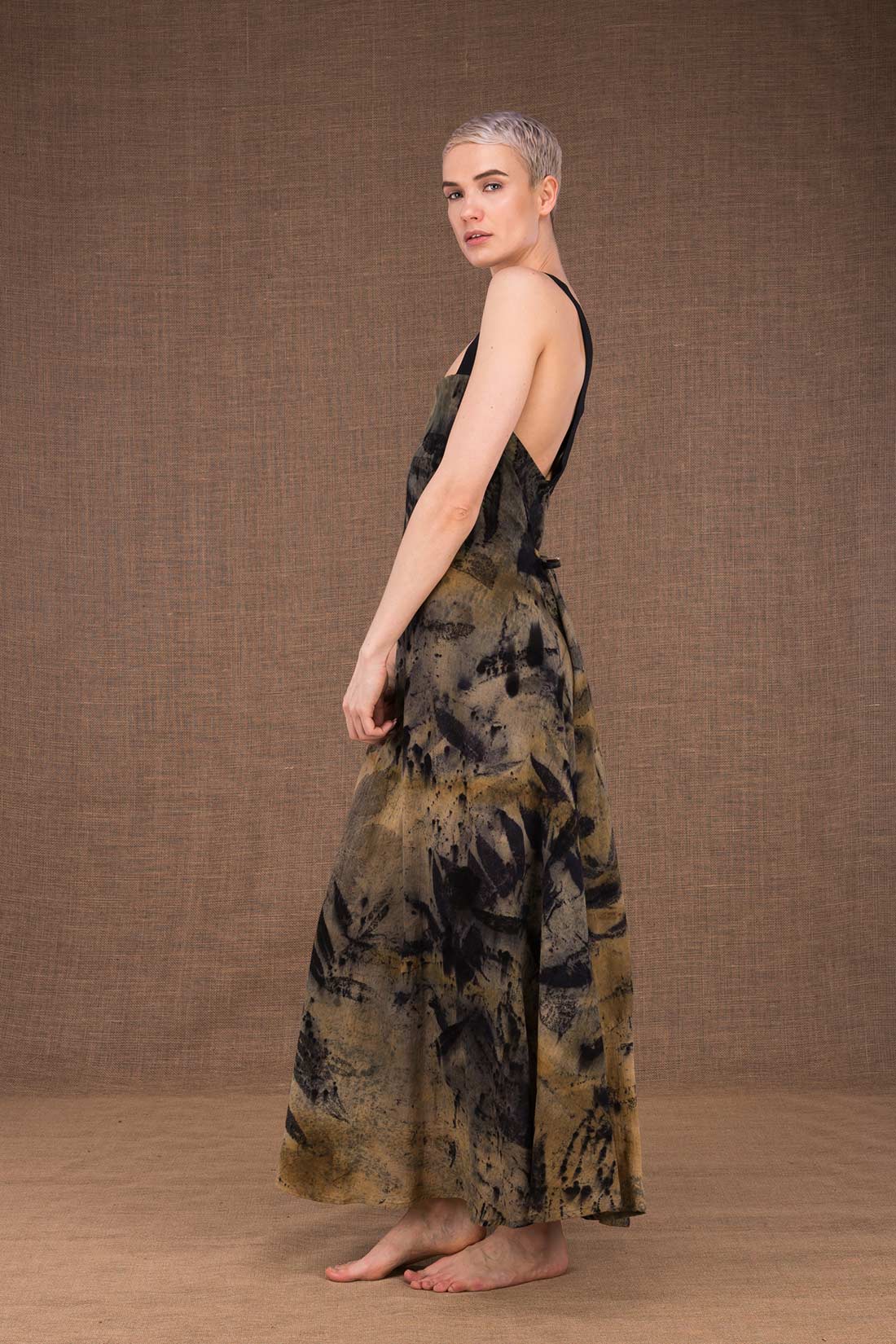 Khaki long backless flared printed organic cotton dress ARALIAS