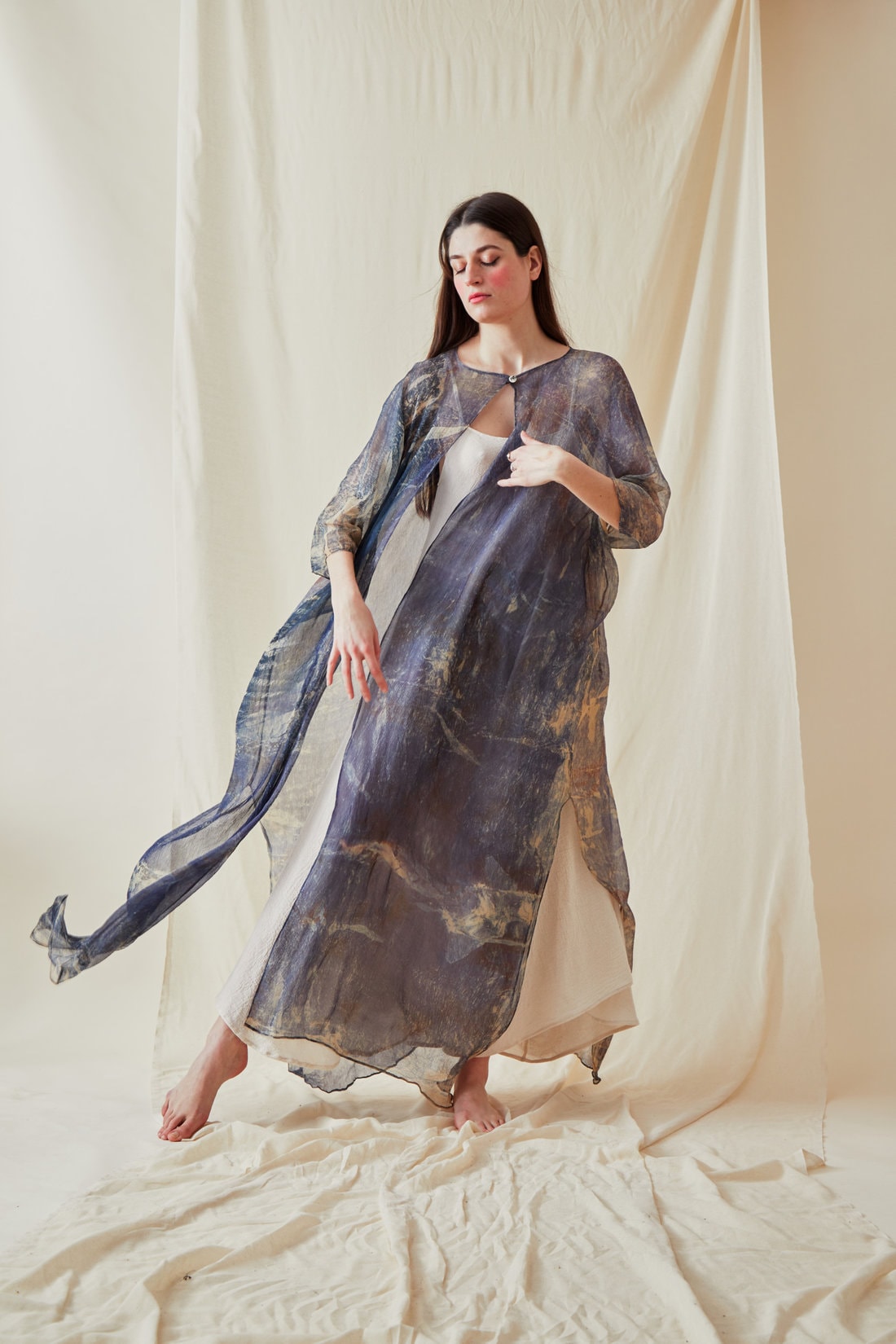 Blue printed silk chiffon kaftan-coat OLYMPE – Image 2