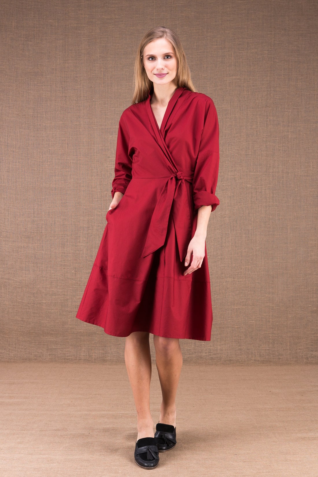 Burgundy organic cotton wrap dress POLARIS