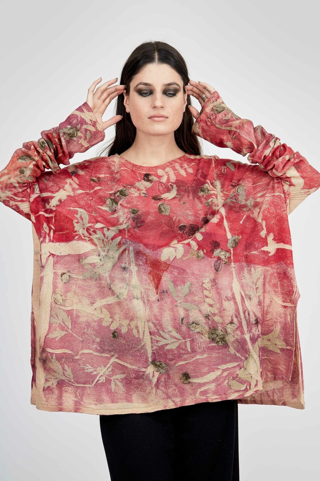 Red large printed wool sweater for women FLEUR